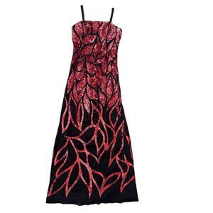 Cassandra Stone Evening Dress Maxi 12 Black Red Sequins Flame Fire Petals Beaded